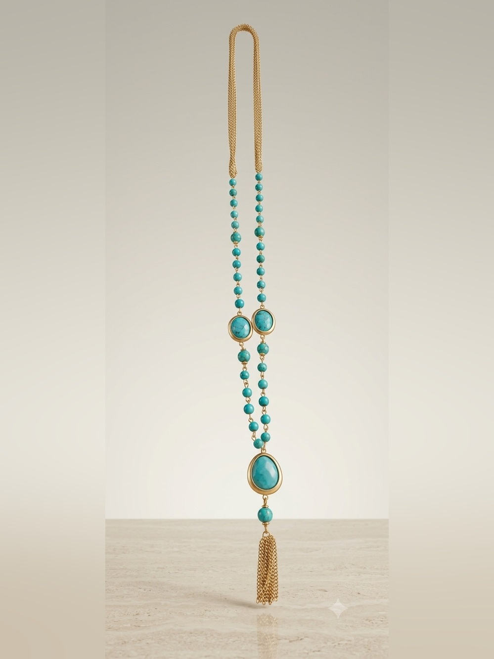 Gold & Turquoise Bead Tassel Long Necklace - Women Jewelry